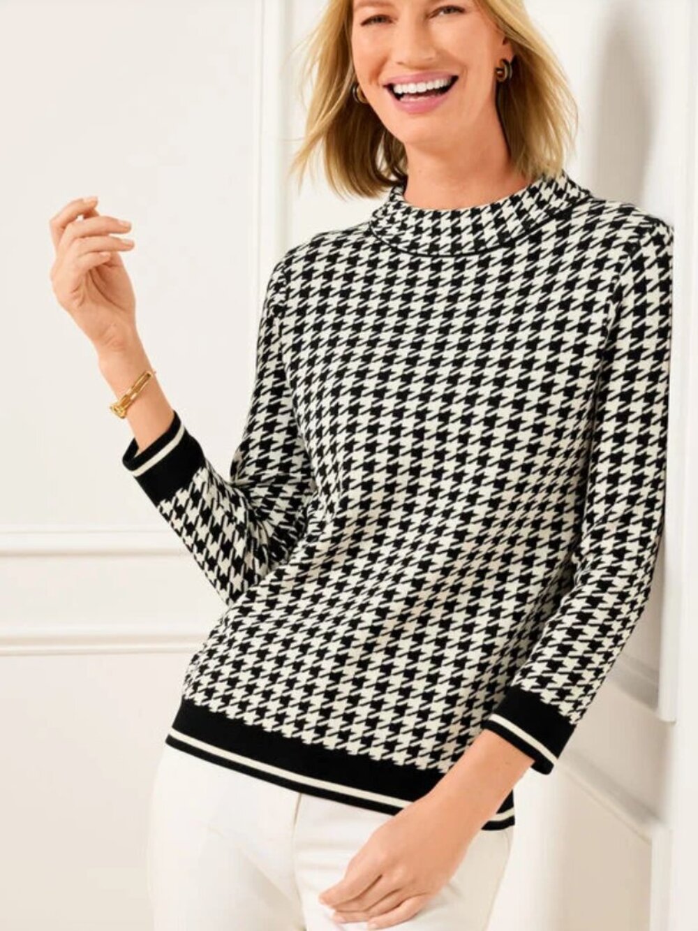 Talbots Mockneck Sweater Houndstooth Print Preppy Old Money Classic Career Sz L